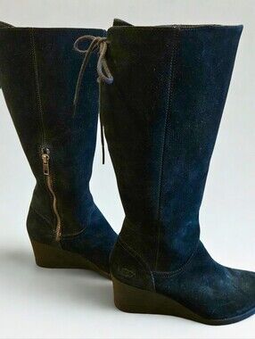 UGG Black Suede Wedge Knee-High Boots with Back Tie